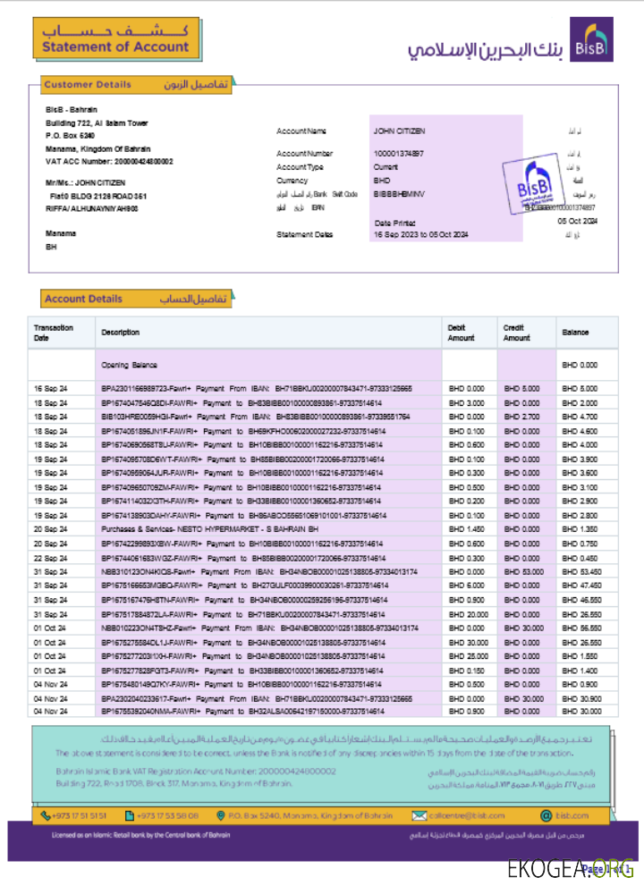 Modèle Word et PDF de relevé bancaire BISB de Bahreïn